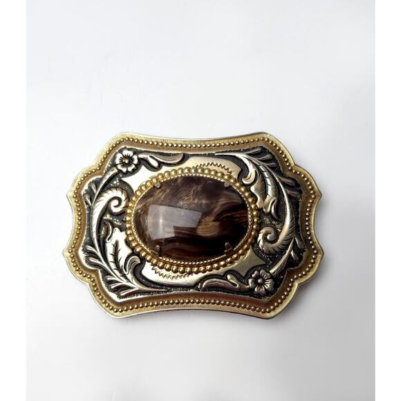 Vintage Cabochon Stone Centerpiece Western Silver-Tone & Gold-Tone Belt Buckle - Picture 1 of 9